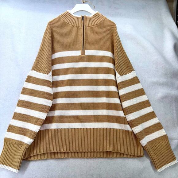 NWT Lands’ End 1/4 zip Mock Neck Sweater Tan Striped Women’s size 20 (XXL) - Picture 1 of 6